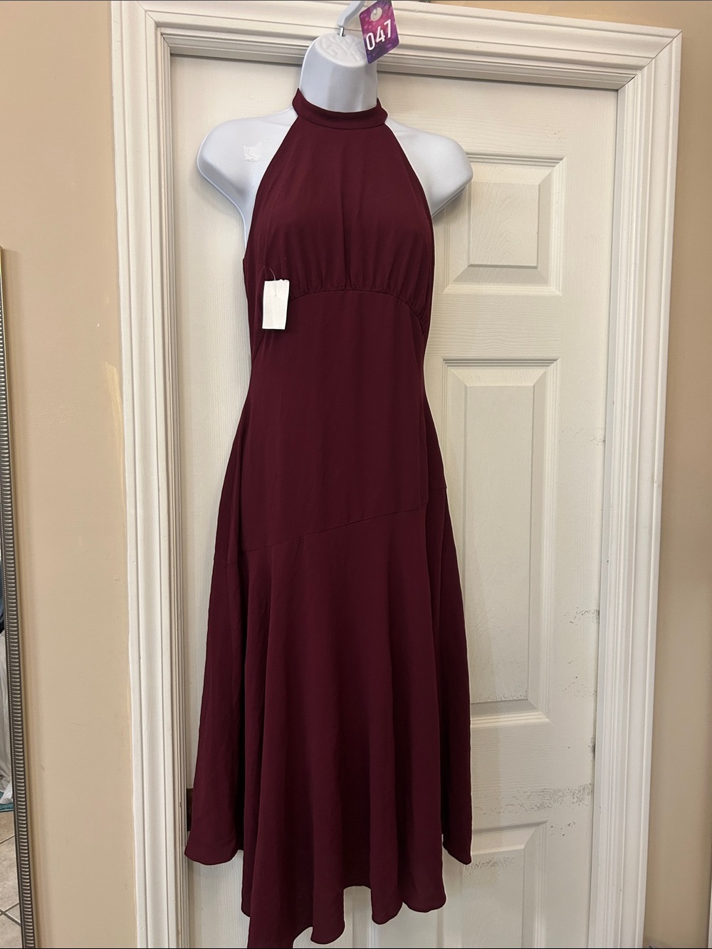 Donna Morgan Burgundy Halter High-Low Midi Dress